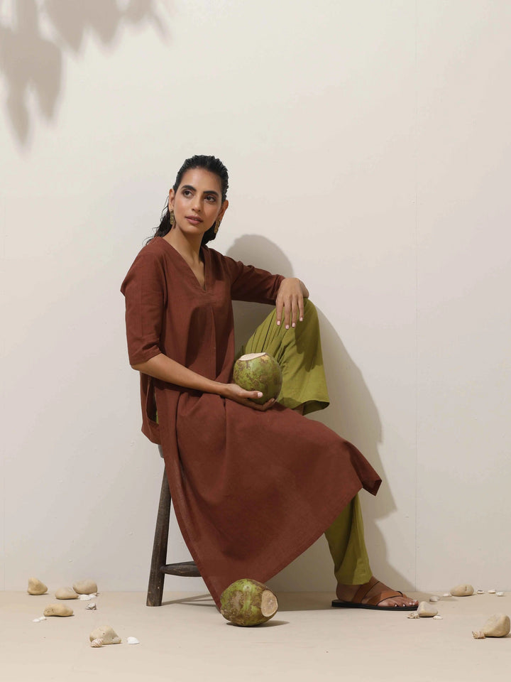 Brown Cotton Linen Kurta Pant Set | SHOBITAM