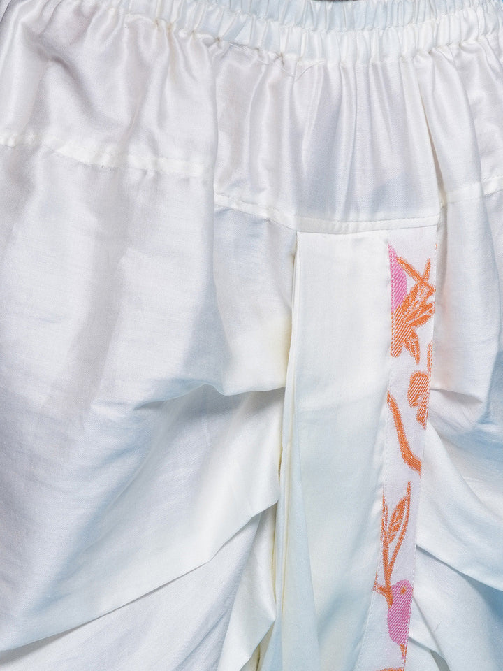 Cotton Sleevelees Floral Bird Thread Embrodiery Nehru Jacket with Striped Kurta and Dhoti - Pink and Cream | SHOBITAM