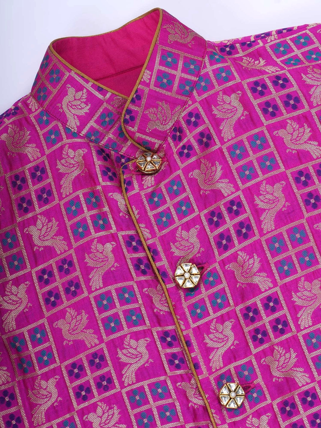 Boys Silk Brocade Full Sleeves Sherwani and Dhoti with Bird Embroidery & Kundan Buttons- Magenta | SHOBITAM