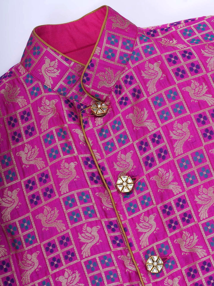 Boys Silk Brocade Full Sleeves Sherwani and Dhoti with Bird Embroidery & Kundan Buttons- Magenta | SHOBITAM
