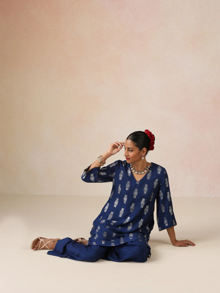 Blue Silver Foil Print Muslin Silk Kurta Farsi Pants Set| SHOBITAM