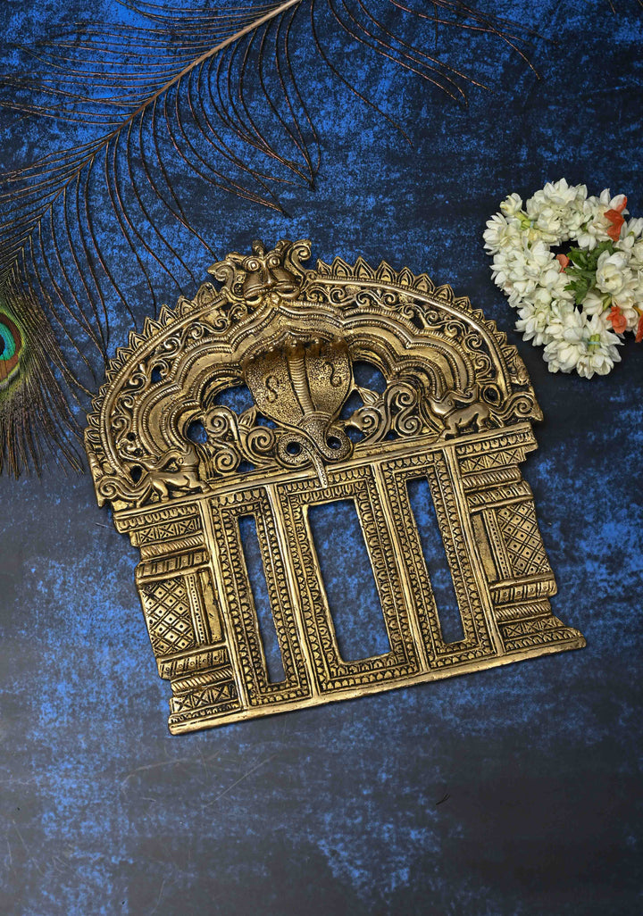 10" Prabhavali Antique Brass Serpent and Lion Arch-shaped Temple Wall Hanging, Indian Decorative