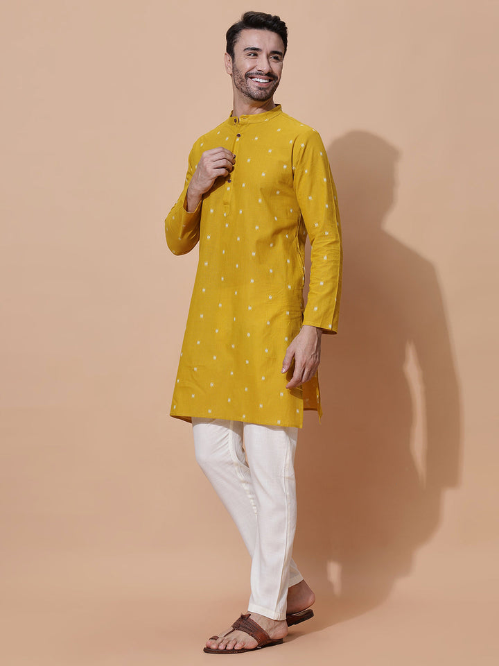 Genda Phoot Handloom Cotton Long Kurta in Mustard