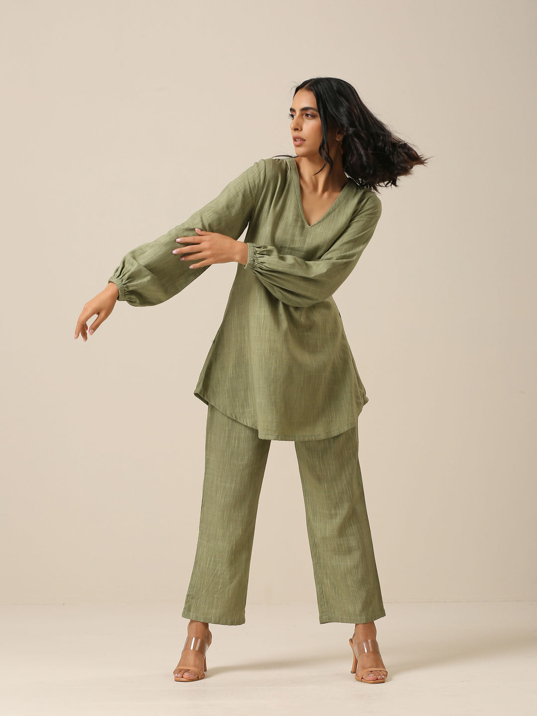 Sage Slub Textured Short Co-Ord Set | SHOBITAM