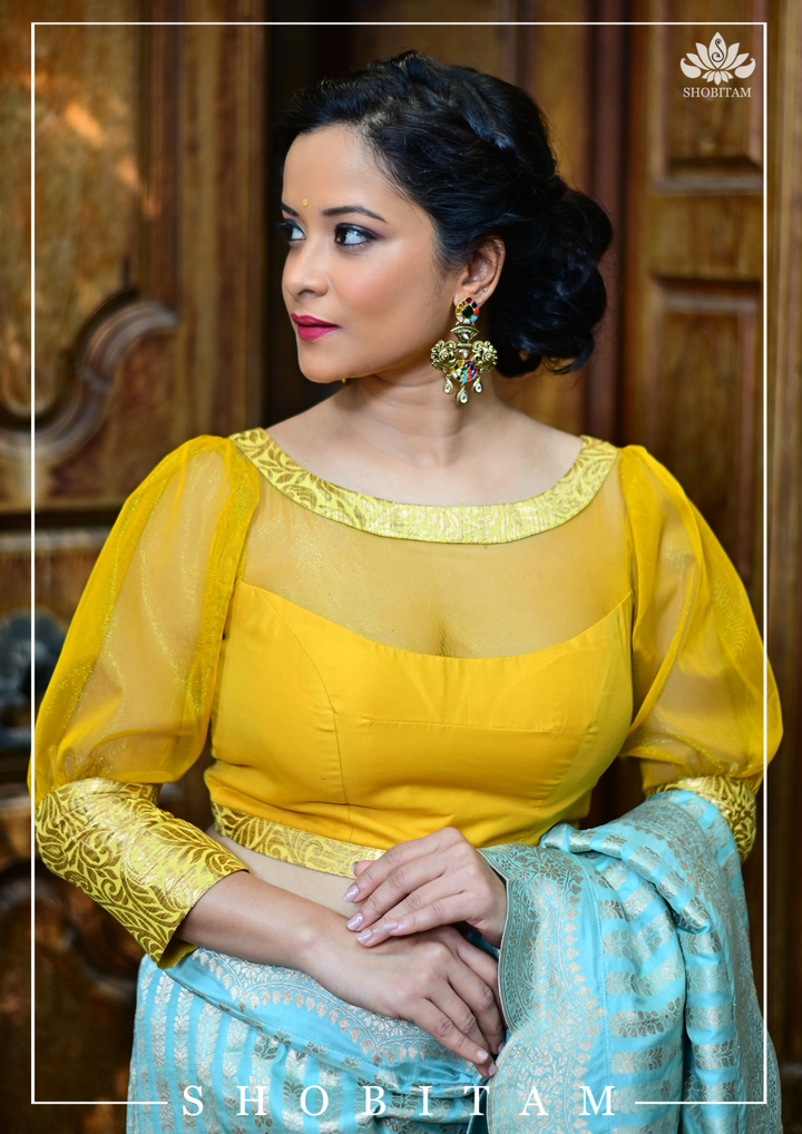 Mustard boat neck Blouse with Sheer Yoke and Puff Sleeves, Banarasi Brocade Detailing