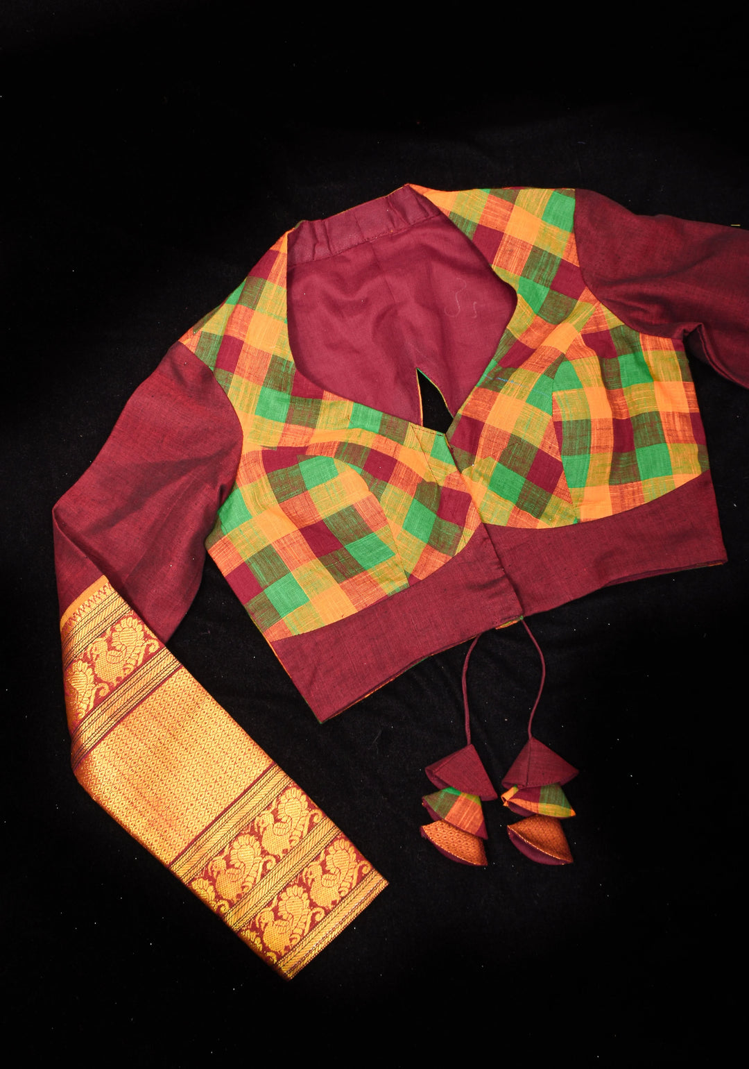 Madras Cotton  checks goblet neck blouse with zari sleeves and tie back