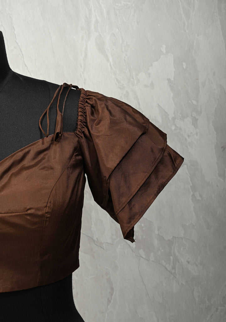 SIZE 36" Brown Sweetheart Neckline Crop Top Blouse with Tiered Ruffle Sleeves and Off Shoulder cut