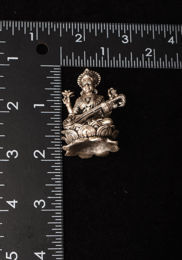 1.8" Pure 92.5 Silver Goddess Saraswati 3D Idol
