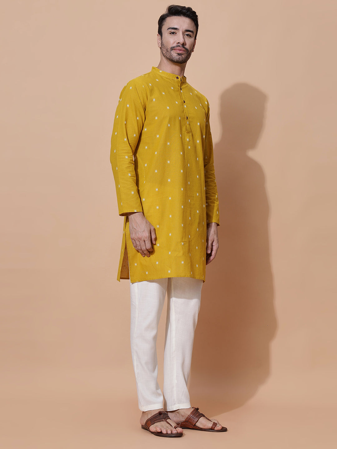 Genda Phoot Handloom Cotton Long Kurta in Mustard