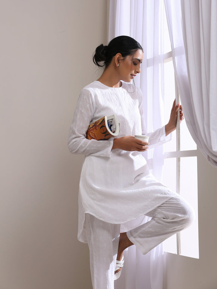 White Dobby Front Placket Co-Ord Set  | SHOBITAM