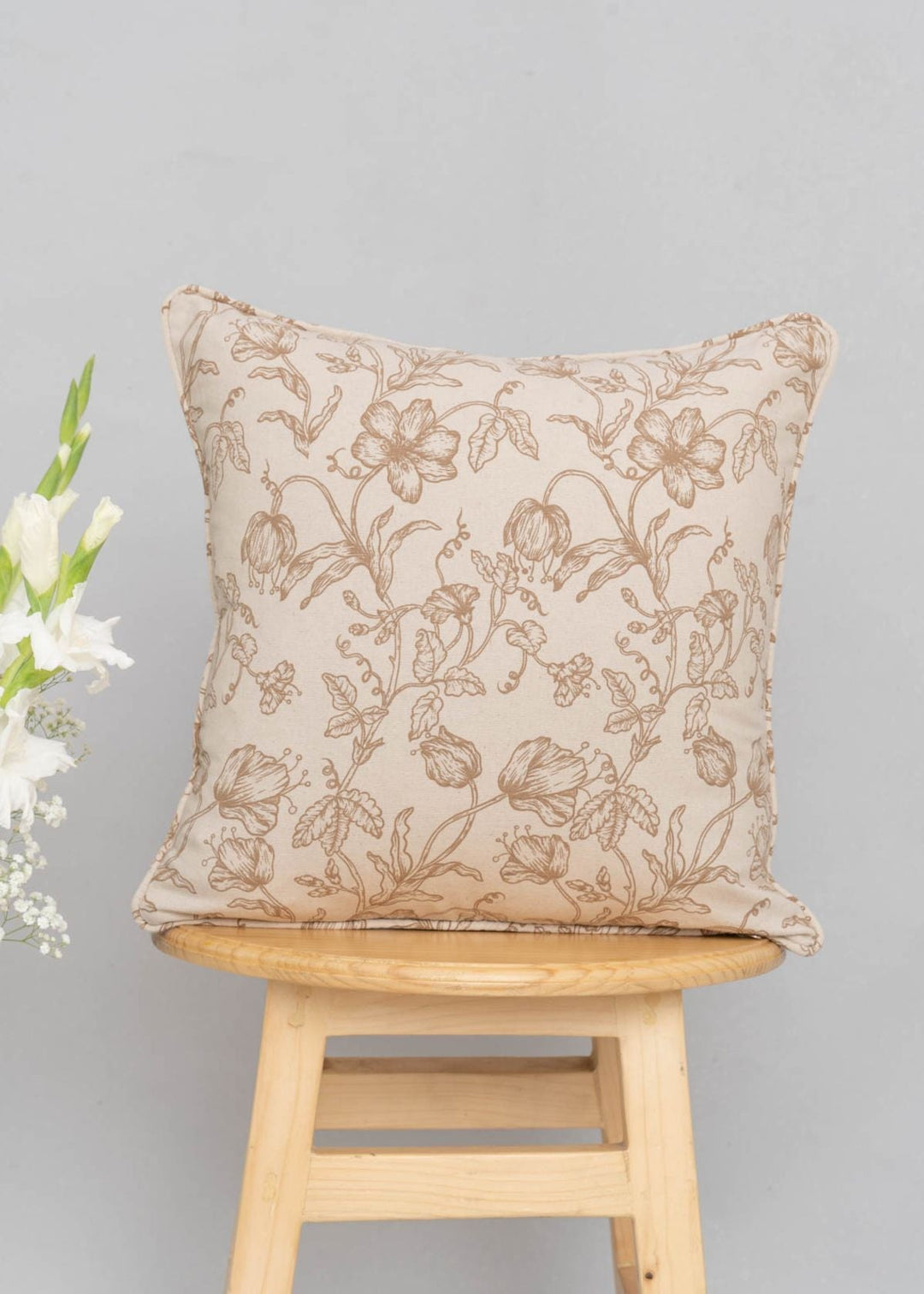 French Farmhouse Beige Floral Cushion Cover for Sofa with Self Piping – 100% Cotton | SHOBITAM