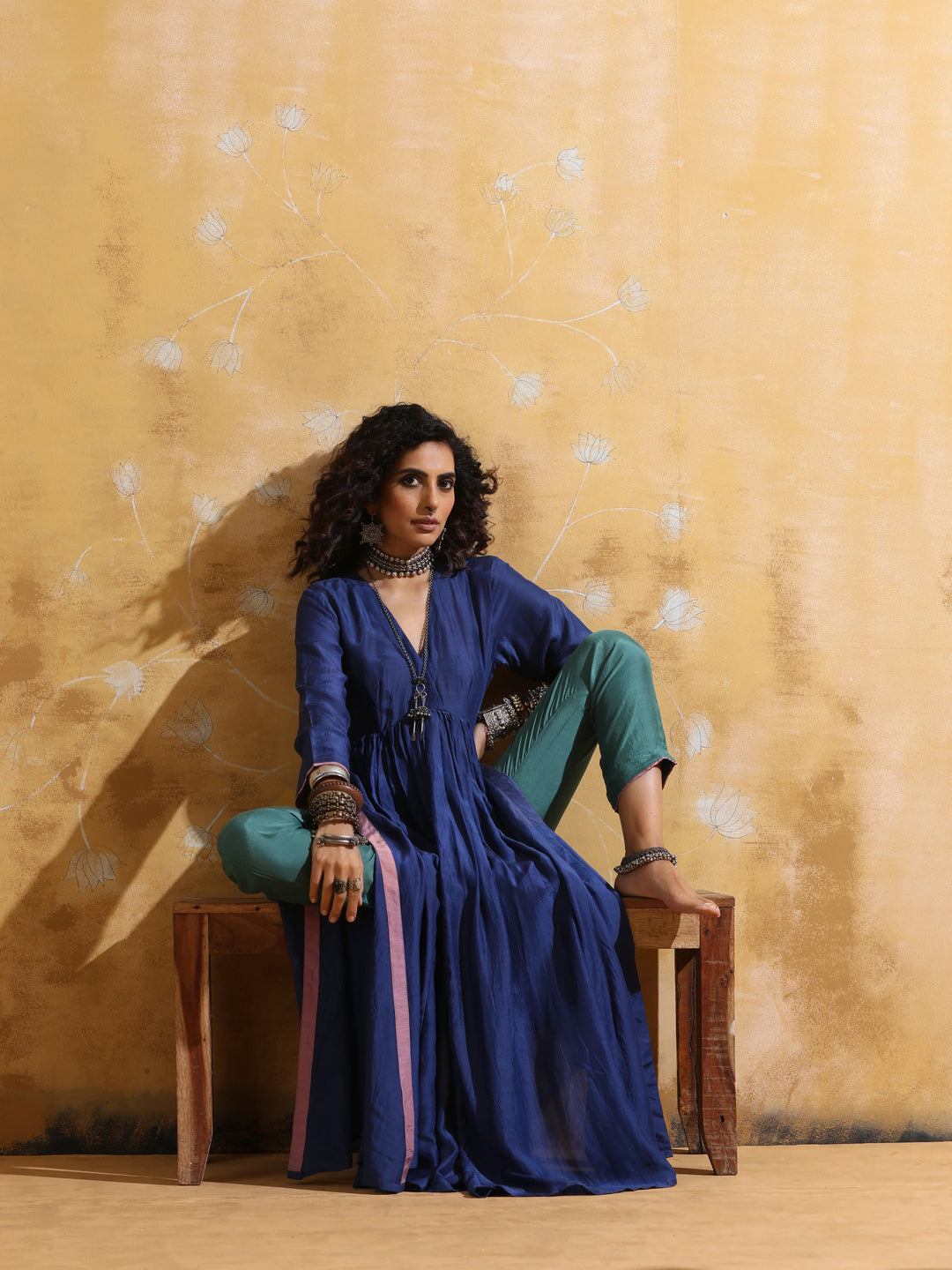 Blue Muslin Silk Anarkali Kurta Pant Set  | SHOBITAM