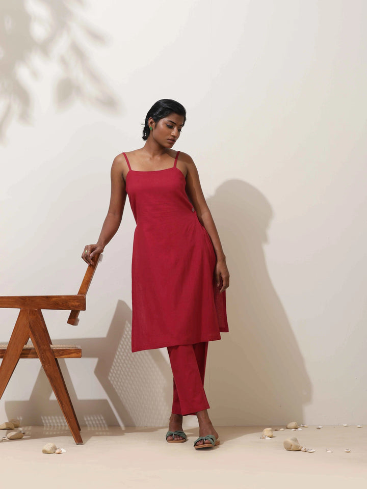 Maroon Cotton Linen Kurta Co-Ord Set  | SHOBITAM