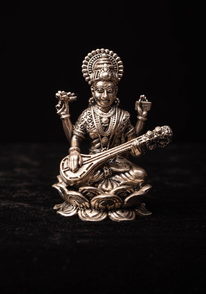1.8" Pure 92.5 Silver Goddess Saraswati 3D Idol
