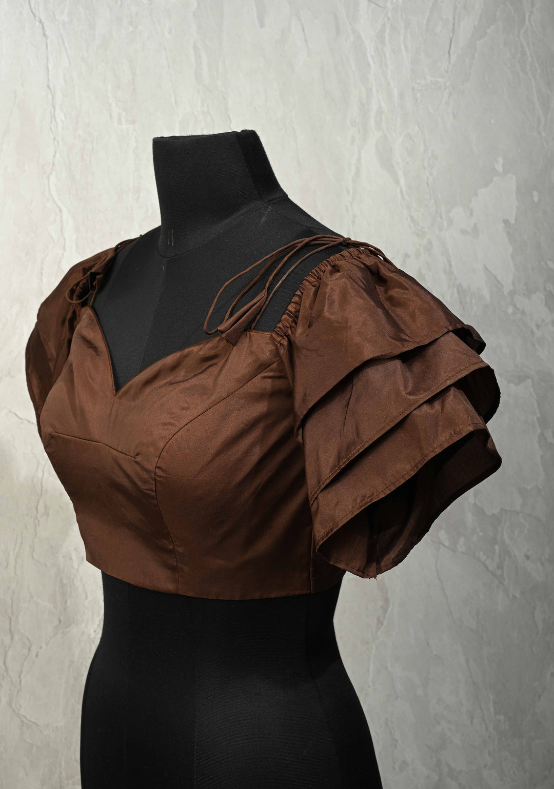 SIZE 36" Brown Sweetheart Neckline Crop Top Blouse with Tiered Ruffle Sleeves and Off Shoulder cut