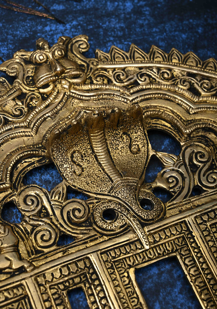 10" Prabhavali Antique Brass Serpent and Lion Arch-shaped Temple Wall Hanging, Indian Decorative