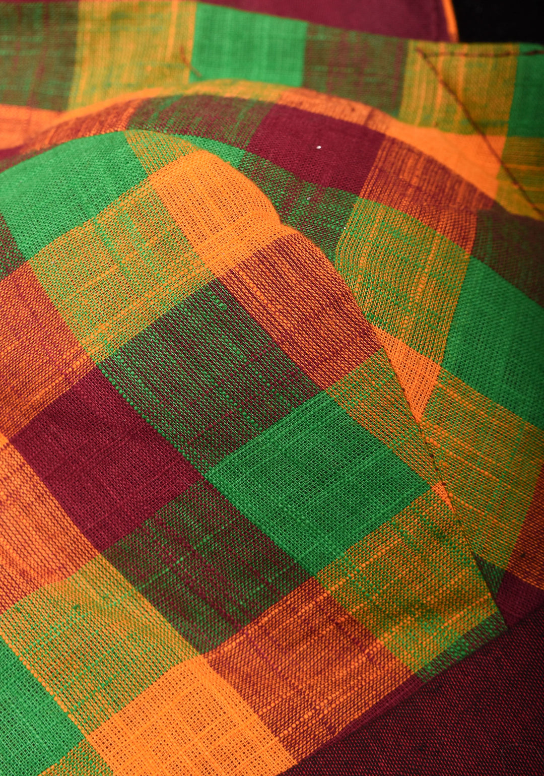 Madras Cotton  checks goblet neck blouse with zari sleeves and tie back