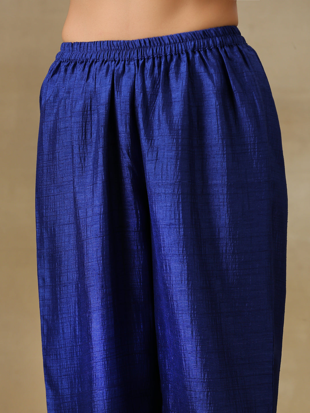 Blue Textured Silk Puff Sleeve Kurta Pant Set  | SHOBITAM
