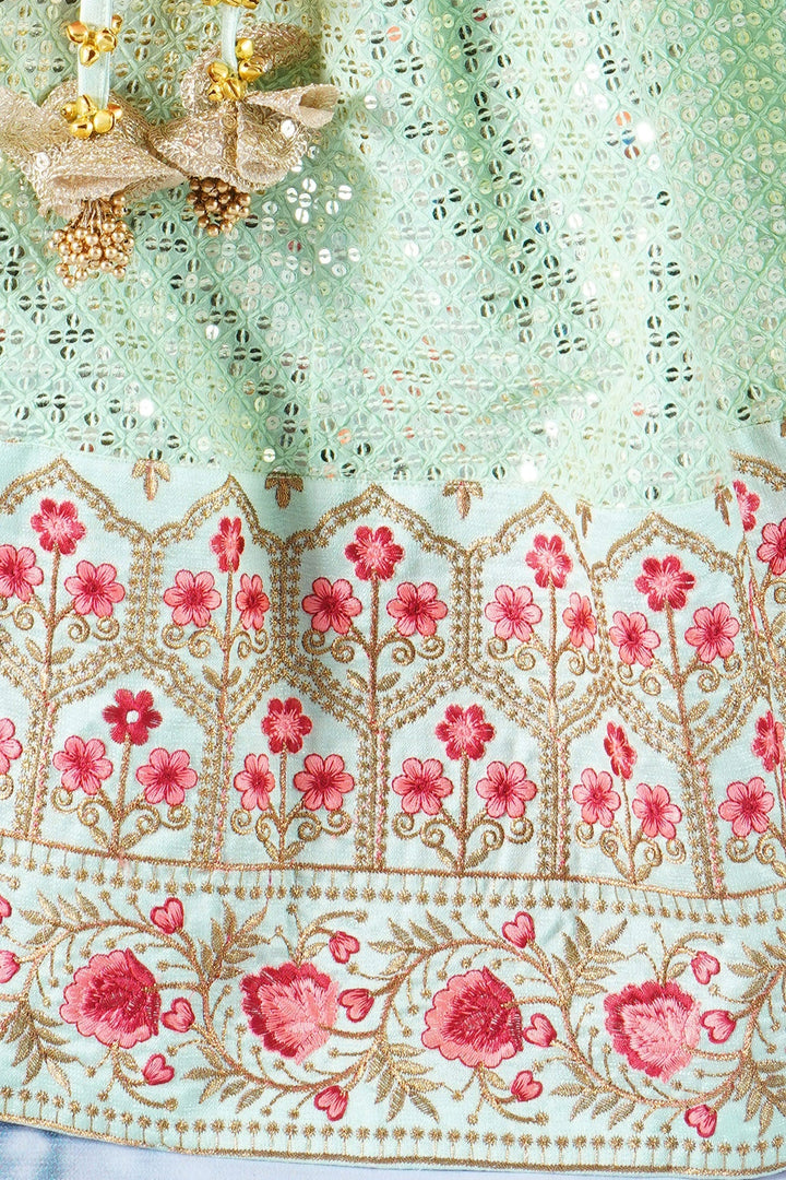 Girl Bageecha Floral Thread work Blouse with Mirror work Lehenga and Sequin moti work Dupatta, accompanied with Hand made tassel and Ghungroo work | SHOBITAM