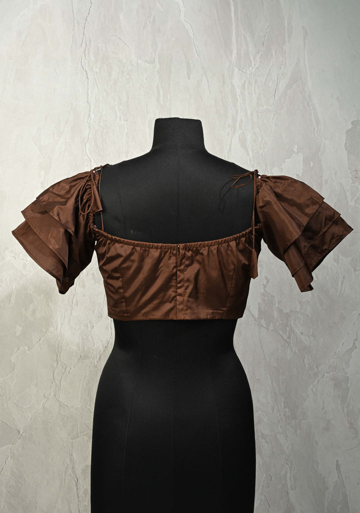 SIZE 36" Brown Sweetheart Neckline Crop Top Blouse with Tiered Ruffle Sleeves and Off Shoulder cut