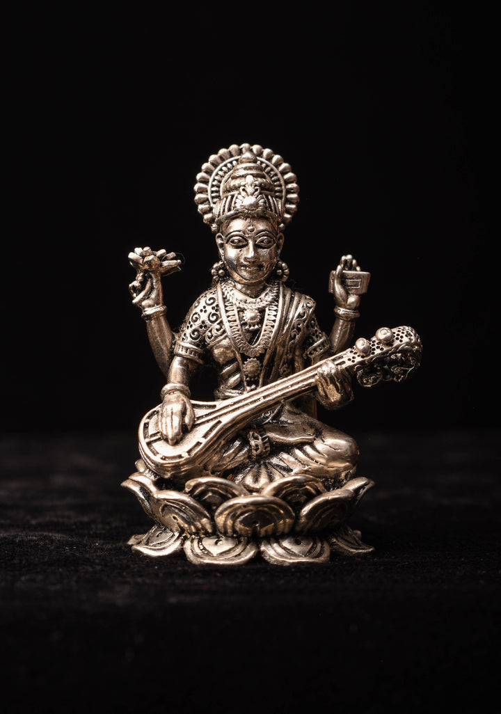 1.8" Pure 92.5 Silver Goddess Saraswati 3D Idol