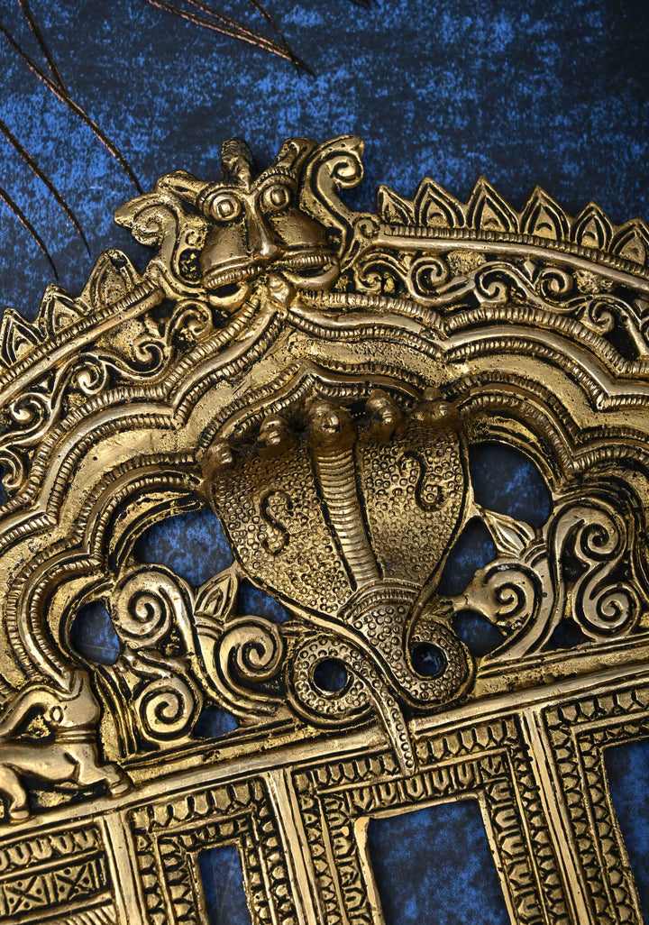 10" Prabhavali Antique Brass Serpent and Lion Arch-shaped Temple Wall Hanging, Indian Decorative
