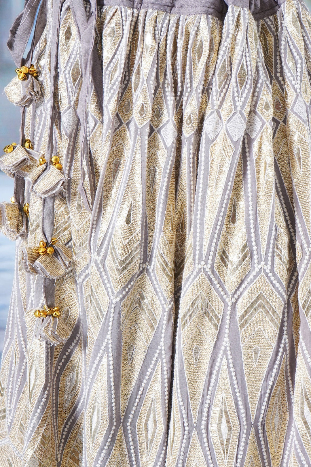 Girls Ivory and Golden Thread work Lehenga with Sequence work Blouse and Lacework Dupatta | SHOBITAM