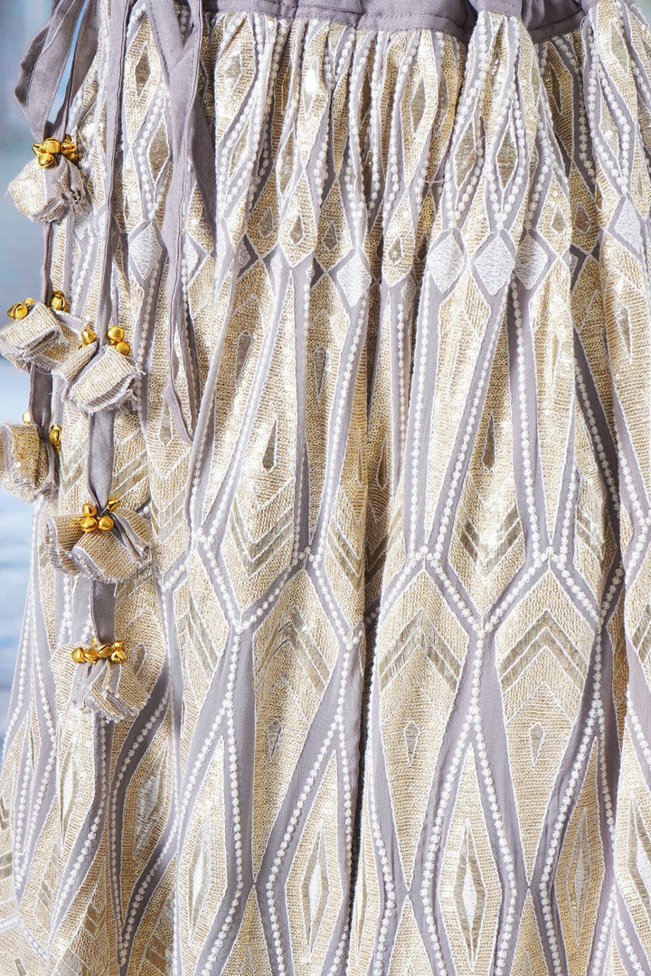 Girls Ivory and Golden Thread work Lehenga with Sequence work Blouse and Lacework Dupatta | SHOBITAM