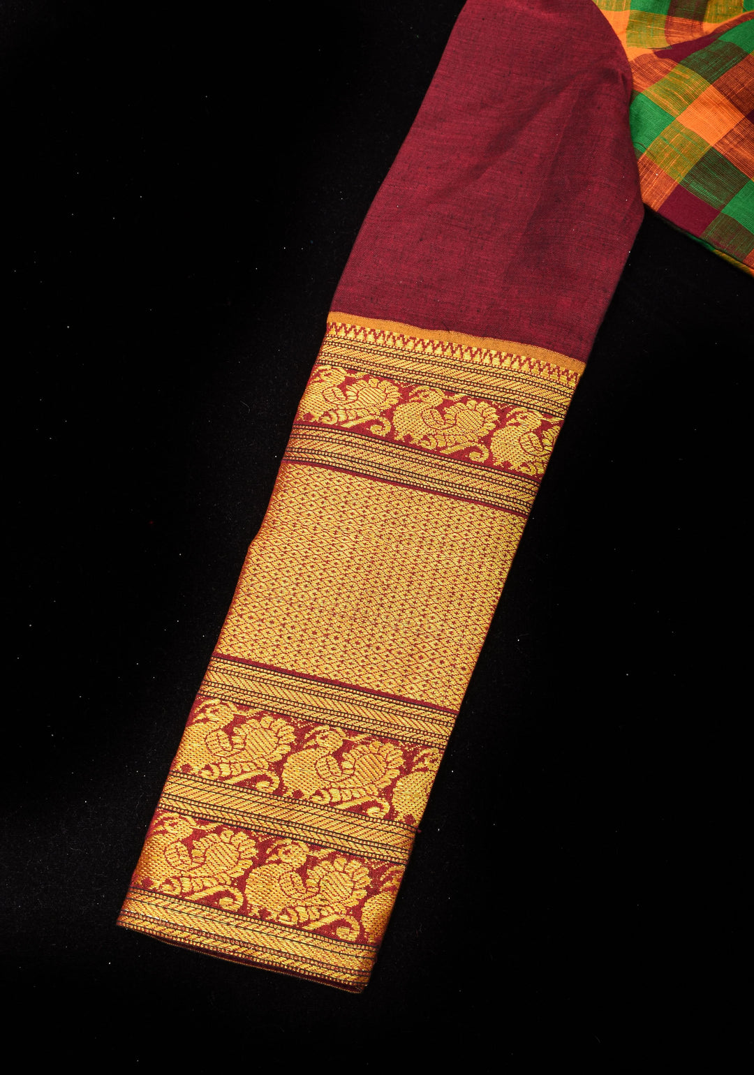 Madras Cotton  checks goblet neck blouse with zari sleeves and tie back
