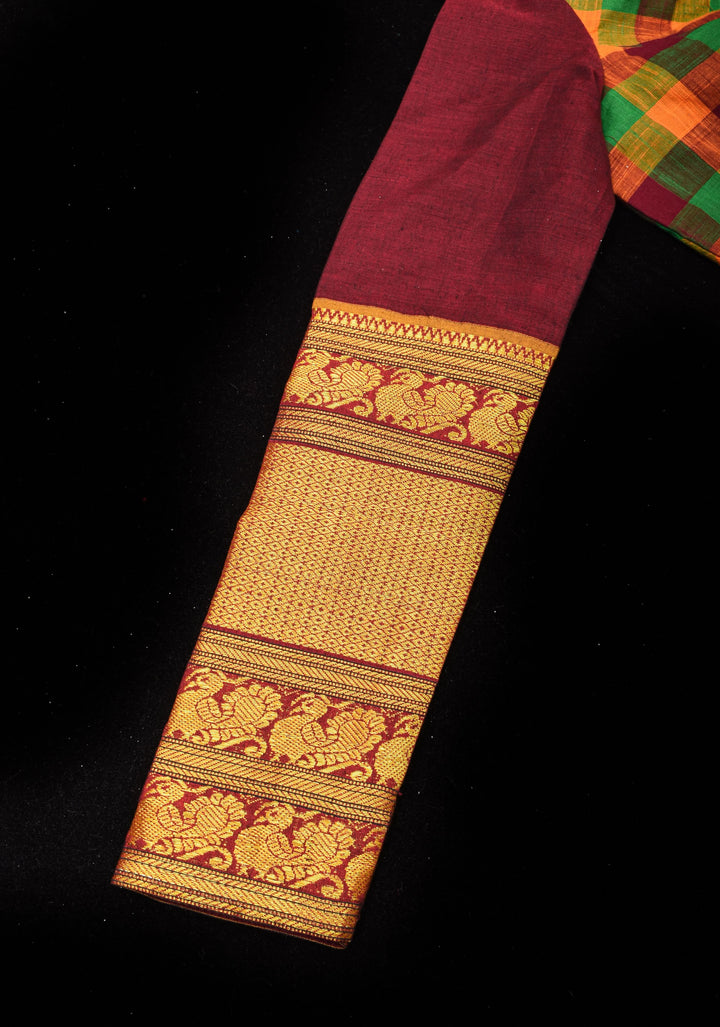 Madras Cotton  checks goblet neck blouse with zari sleeves and tie back