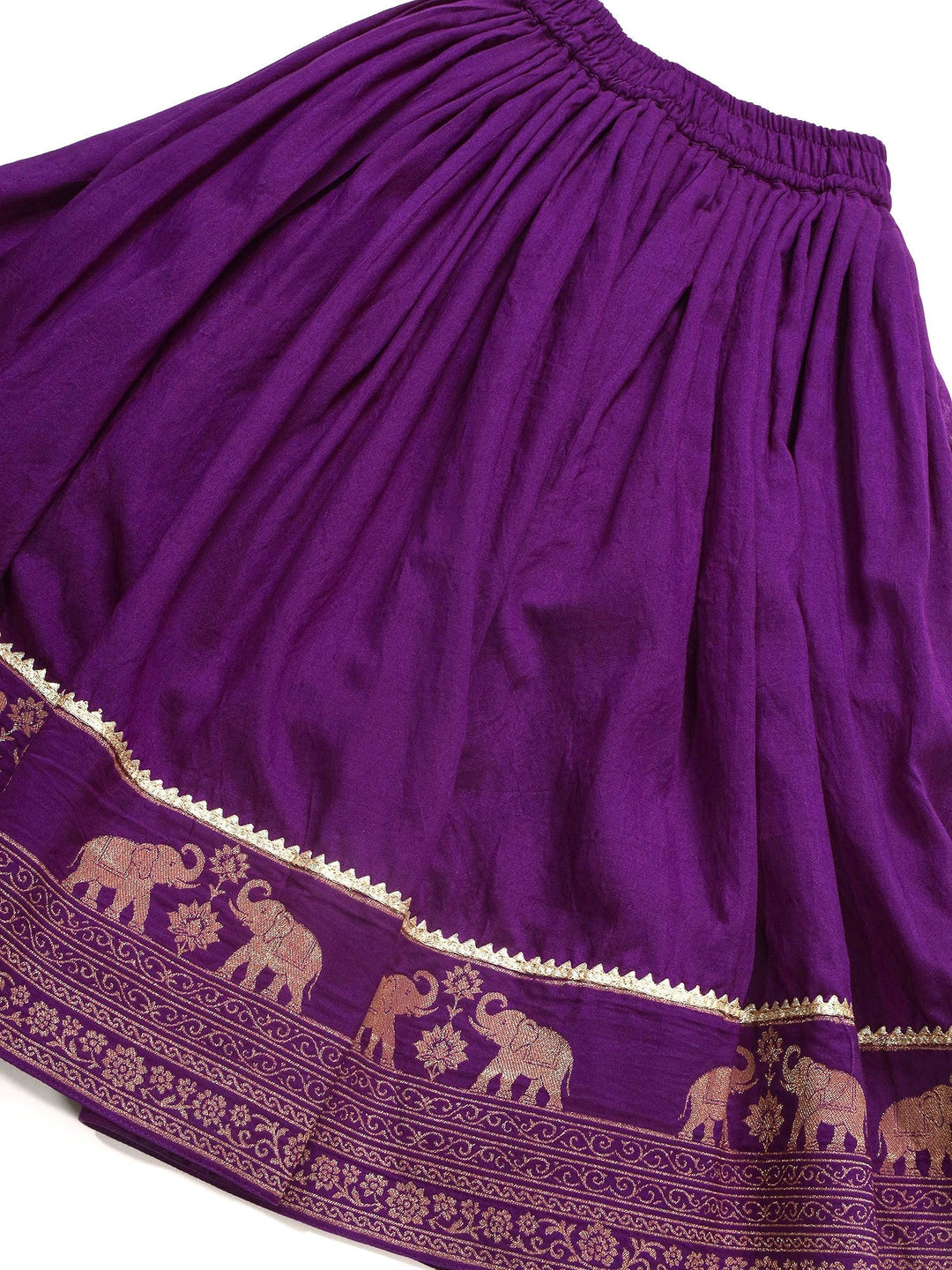 Purple Elephant Zari Embroidery Chanderi Cotton Lehenga with Stitched Yellow Blouse Set | SHOBITAM