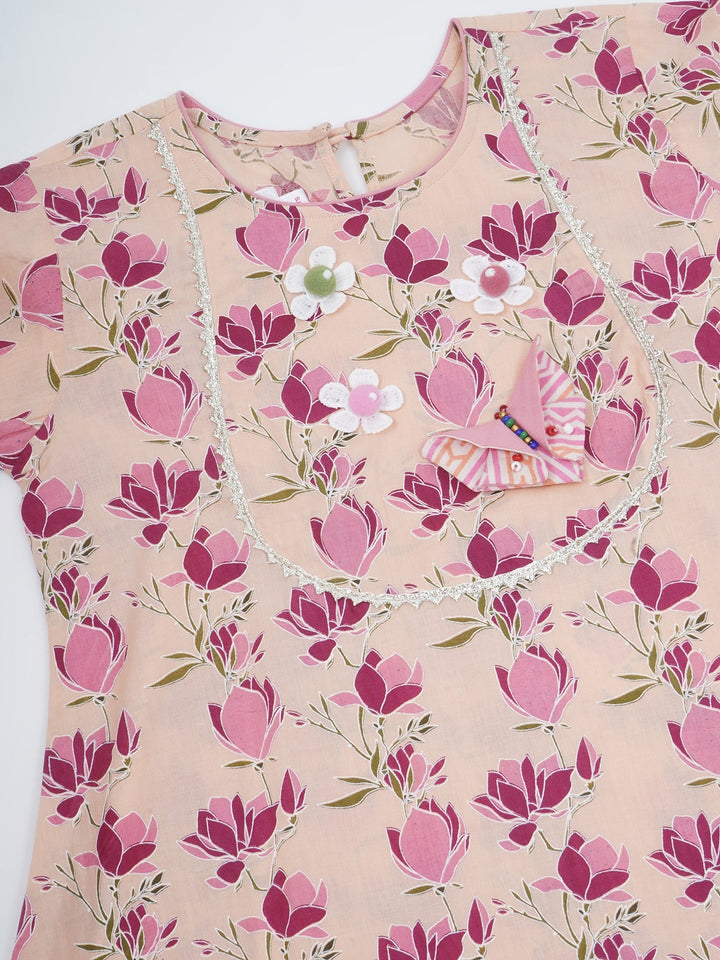 Peach Lotus Print Cotton Kurta Salwar Set with Butterfly handwork and Dupatta | SHOBITAM