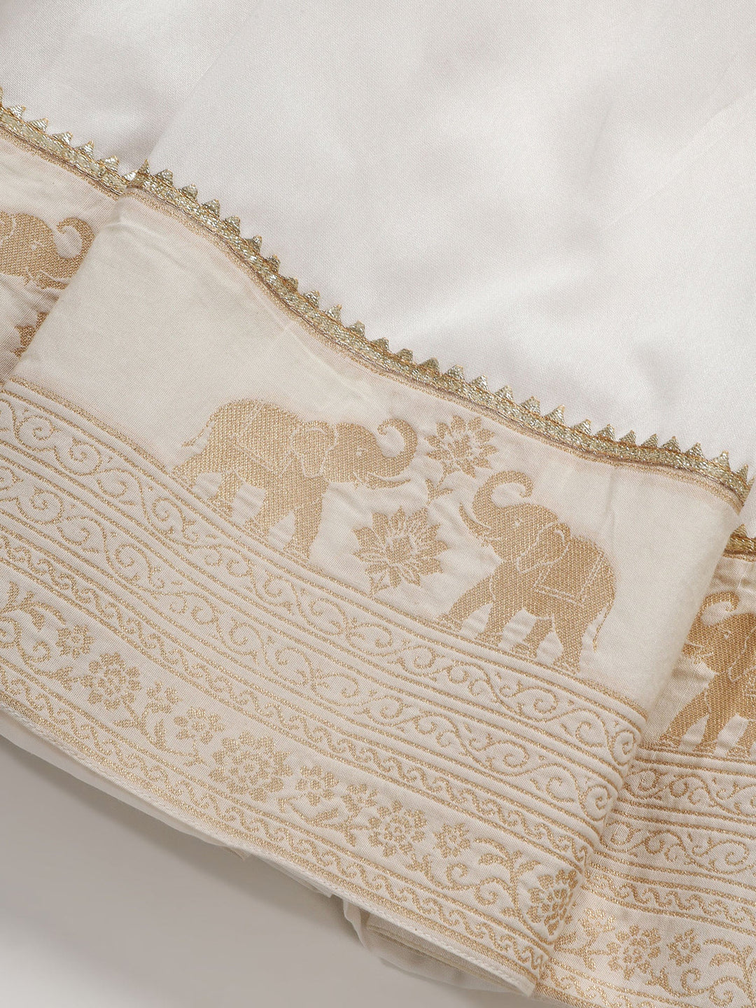 Cream Elephant Zari Embroidery Chanderi Cotton Lehenga Set | SHOBITAM