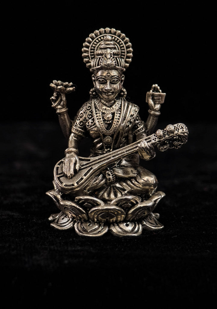 1.8" Pure 92.5 Silver Goddess Saraswati 3D Idol