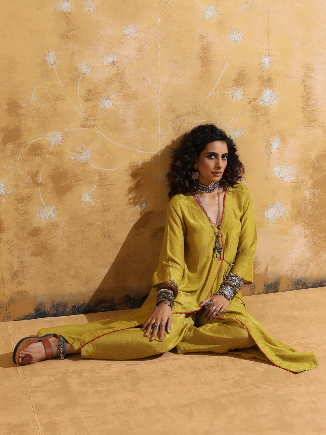 Lime Muslin Silk Angrakha Kurta Pant Set  | SHOBITAM