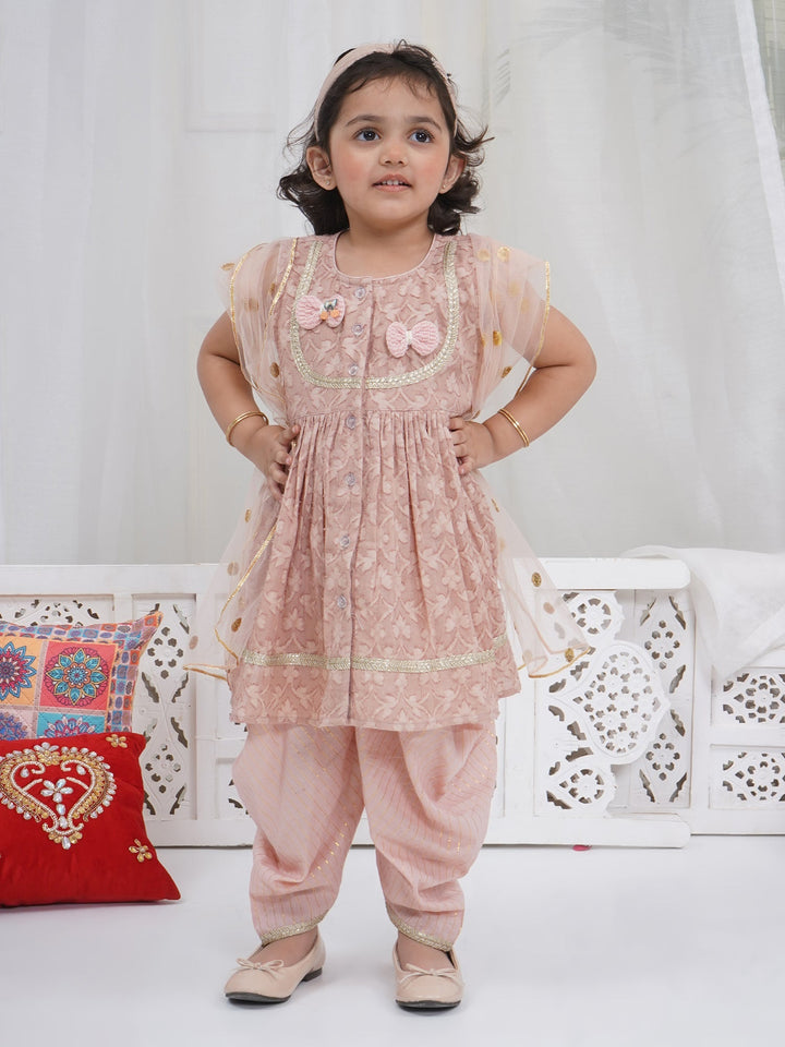 Girls Cotton Sleeveless Floral Self Weaving Kurta with Bow Applique work and Salwar with Dupatta - Mocha Brown