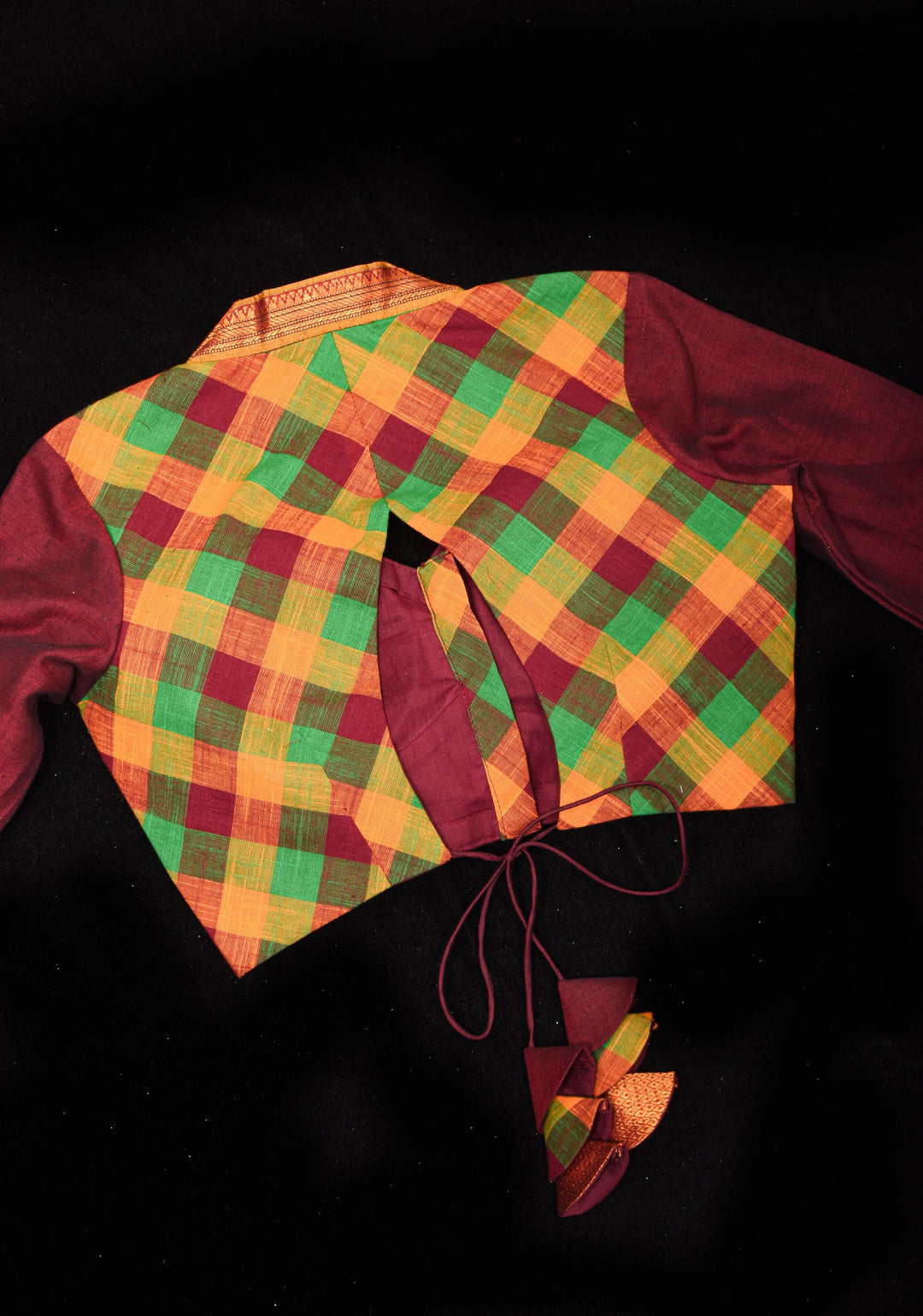 Madras Cotton  checks goblet neck blouse with zari sleeves and tie back