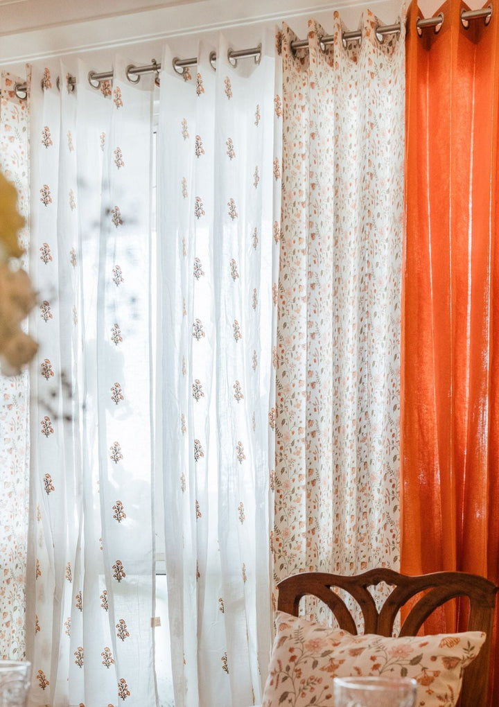 Spring 100% cotton embroidered floral sheer curtain for living room - Light filtering - Orange - Single - Single Piece | SHOBITAM