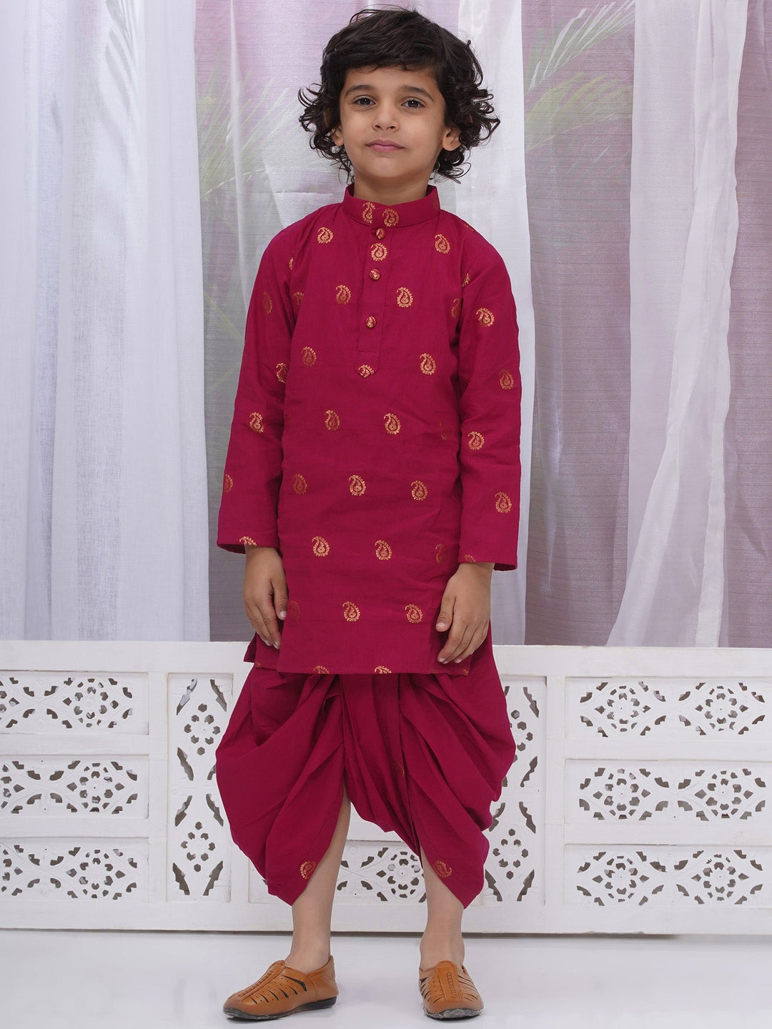 Boys Cotton Full Sleeves Kurta and Dhoti with Golden Paisley Zari Work- Rani | SHOBITAM