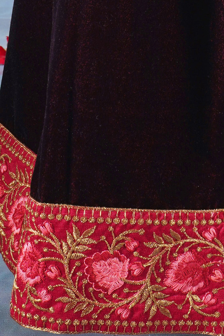 Girl Bageecha Floral Thread work Blouse with Velvet Lehenga and Sequin moti work Dupatta, accompanied with Hand made tassel and Ghungroo work in Cherry Red | SHOBITAM