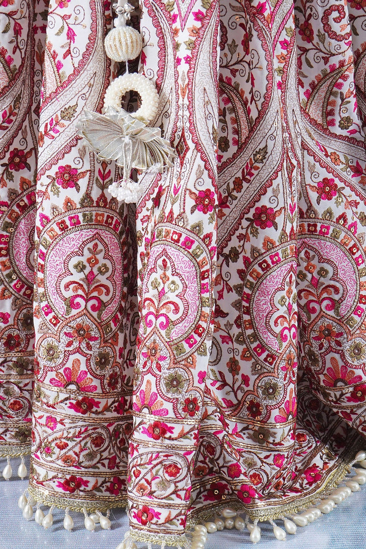 Girls Multi color Mughal Pattern Floral Thread work Cream Lehenga with Blouse and Dupatta with Pearl Detailing and Hand made Tassel | SHOBITAM