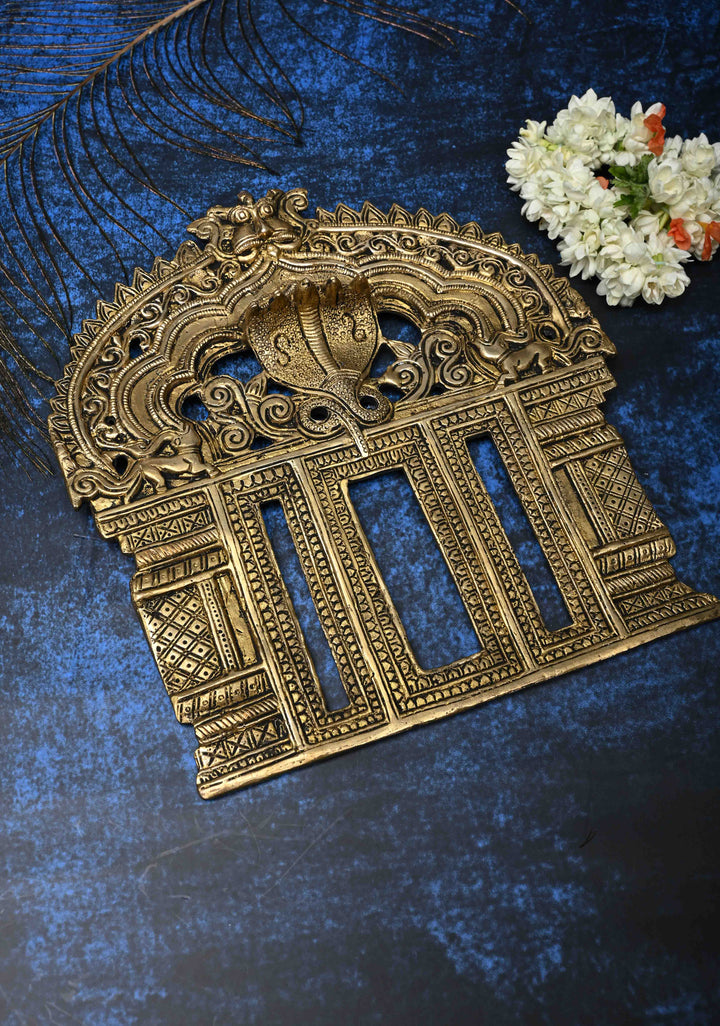 10" Prabhavali Antique Brass Serpent and Lion Arch-shaped Temple Wall Hanging, Indian Decorative