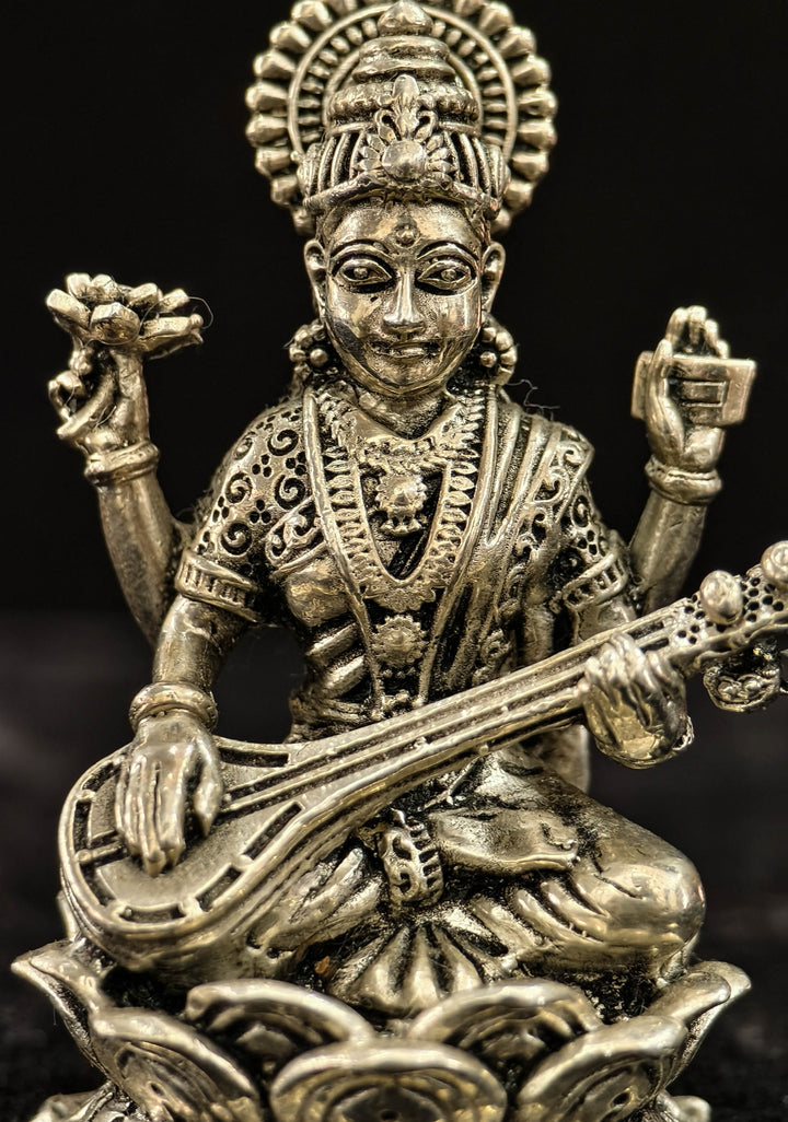 1.8" Pure 92.5 Silver Goddess Saraswati 3D Idol