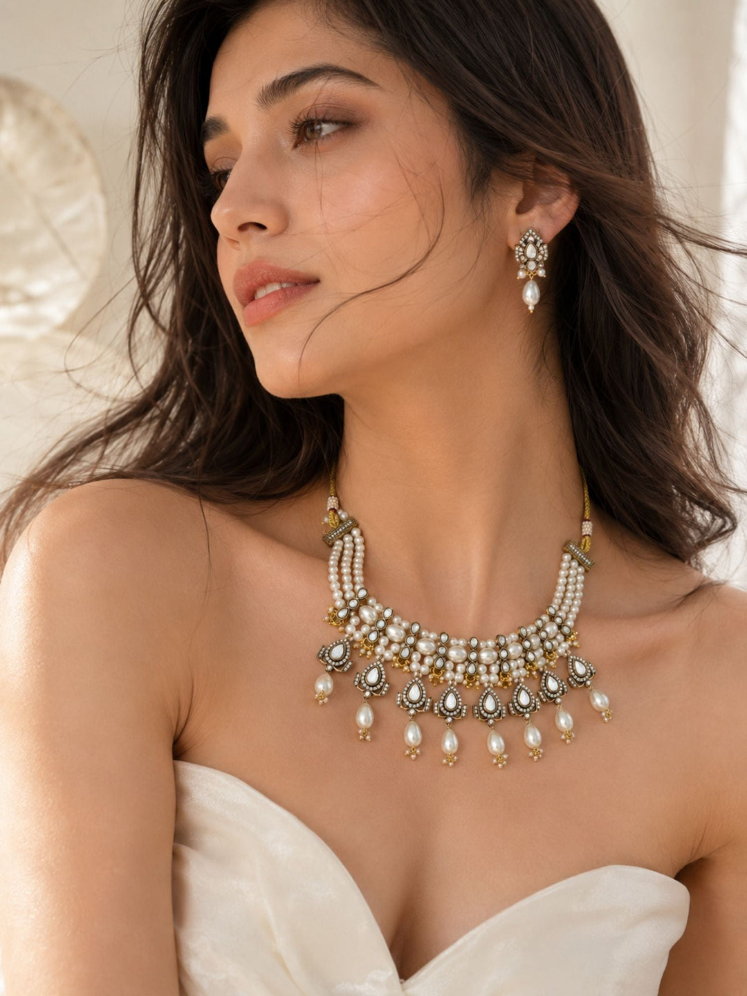 Pearl Kundan Choker Set in Antique Oxidised Gold – Bridal | SHOBITAM