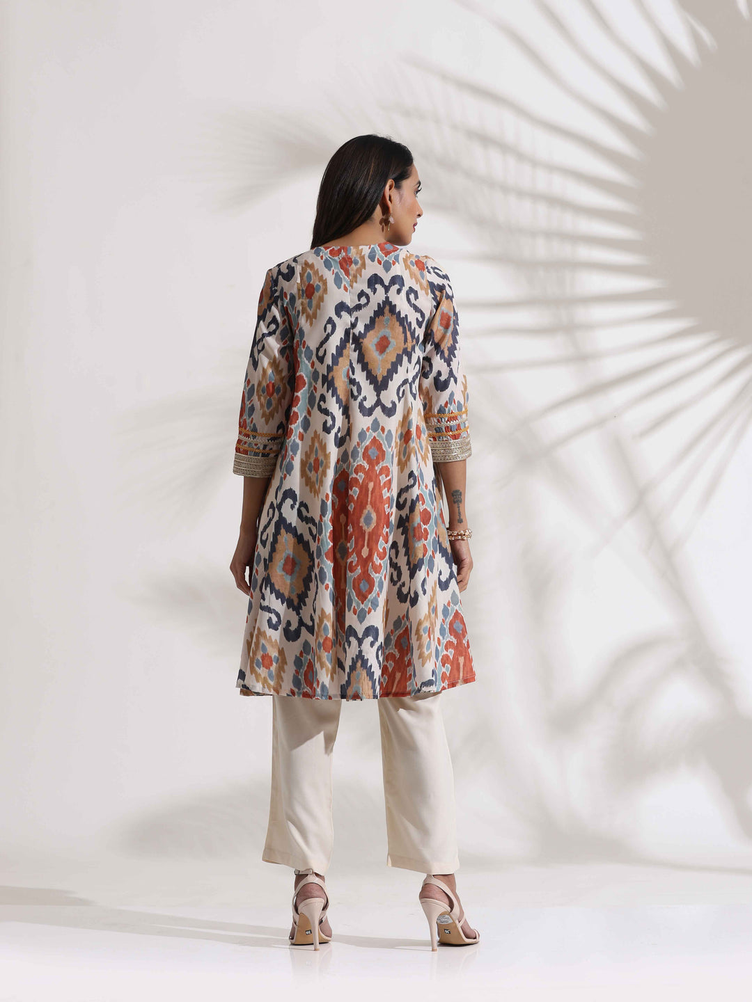 Off White Ikat Print Anarkali Kurta Co-ord Set | SHOBITAM