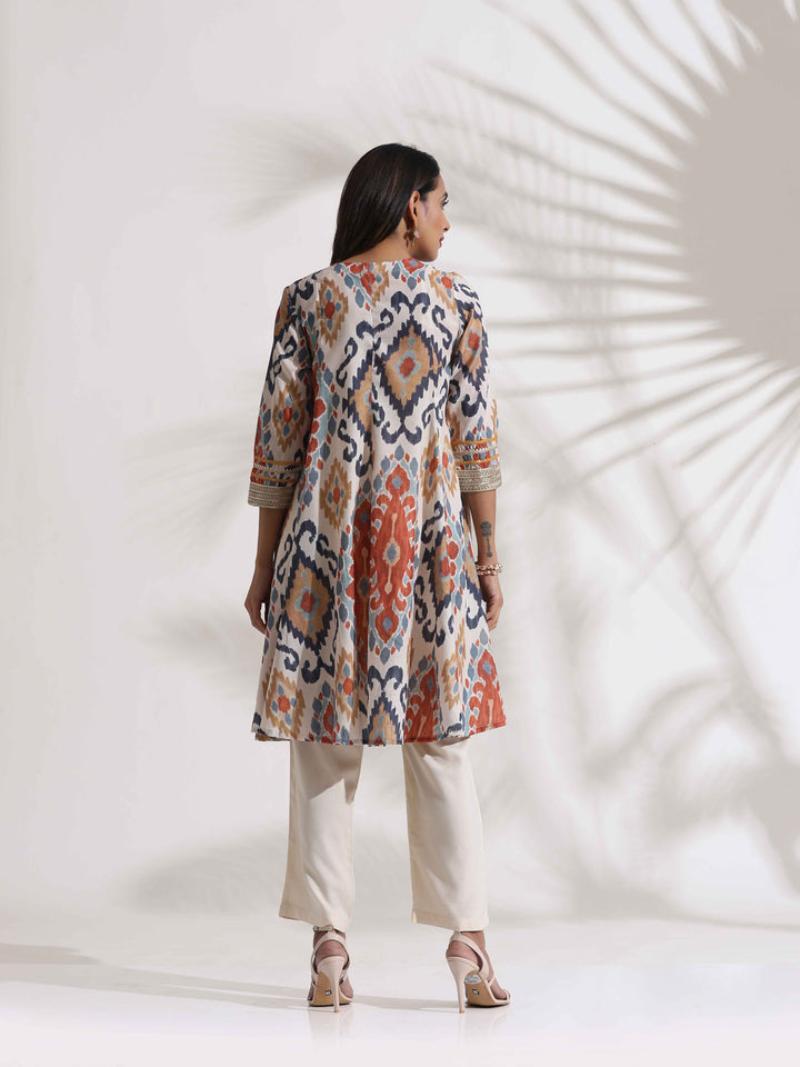 Off White Ikat Print Anarkali Kurta Co-ord Set | SHOBITAM