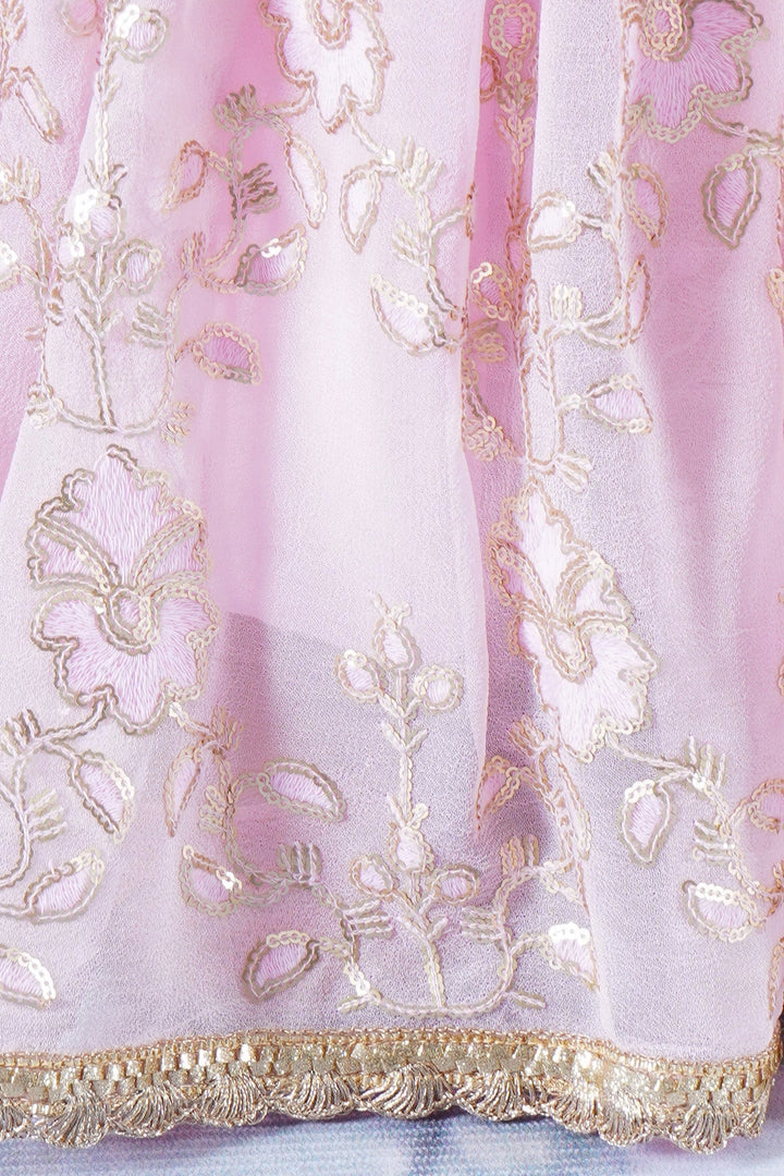 Girls Baby Pink Floral Irish Thread and Sequin work Lehenga with Blouse and Duppata with Matching Potli and Hand made tussel | SHOBITAM
