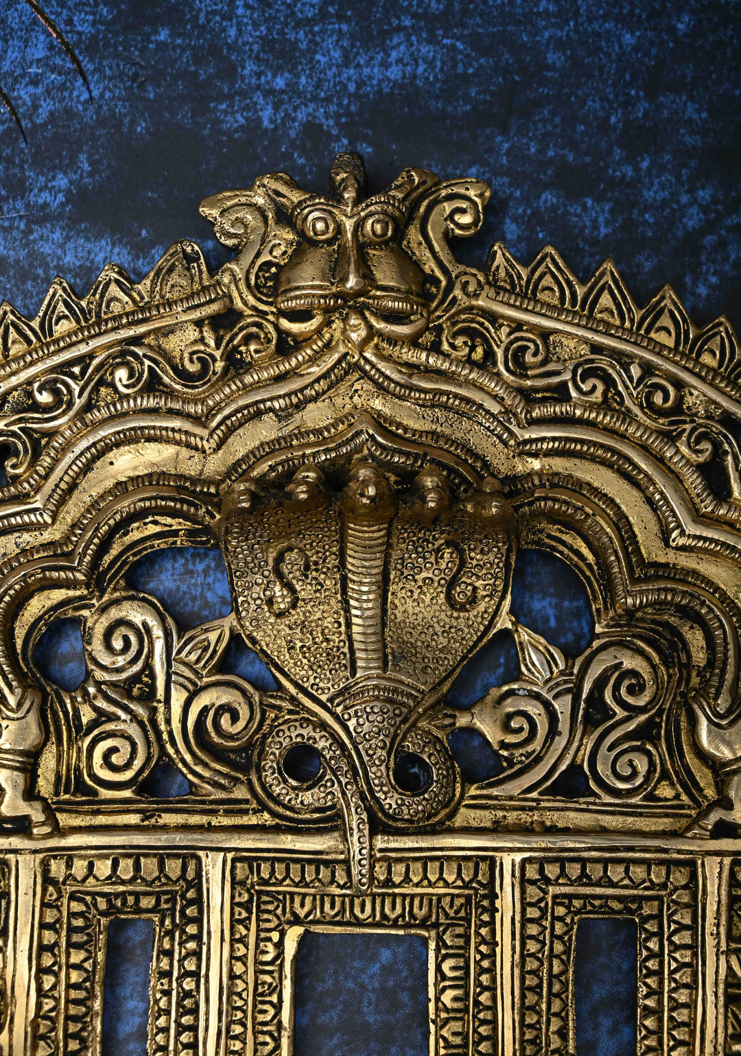 10" Prabhavali Antique Brass Serpent and Lion Arch-shaped Temple Wall Hanging, Indian Decorative