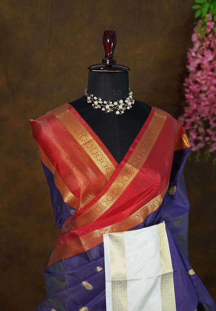 Blue Saree with ganga Jamuna Borders in Semi Silk| SHOBITAM