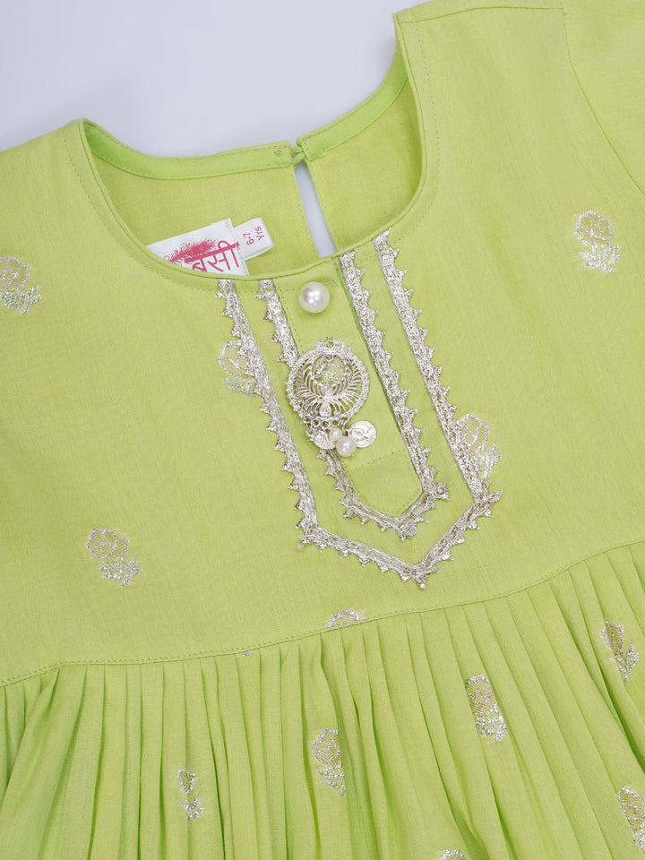 Girls Cotton Three Fourth Sleeves Frock Style Kurta with Sharara and Net Dupatta with Rose & Petal Design Zari work -Green | SHOBITAM